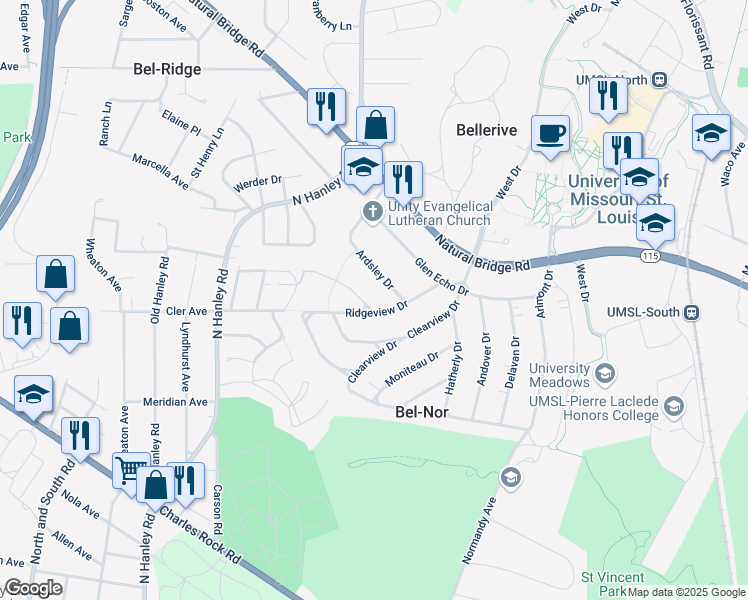 map of restaurants, bars, coffee shops, grocery stores, and more near 8435 Roanoke Drive in St. Louis
