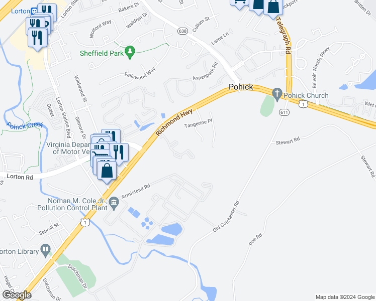 map of restaurants, bars, coffee shops, grocery stores, and more near 7482 Woodside Lane in Lorton