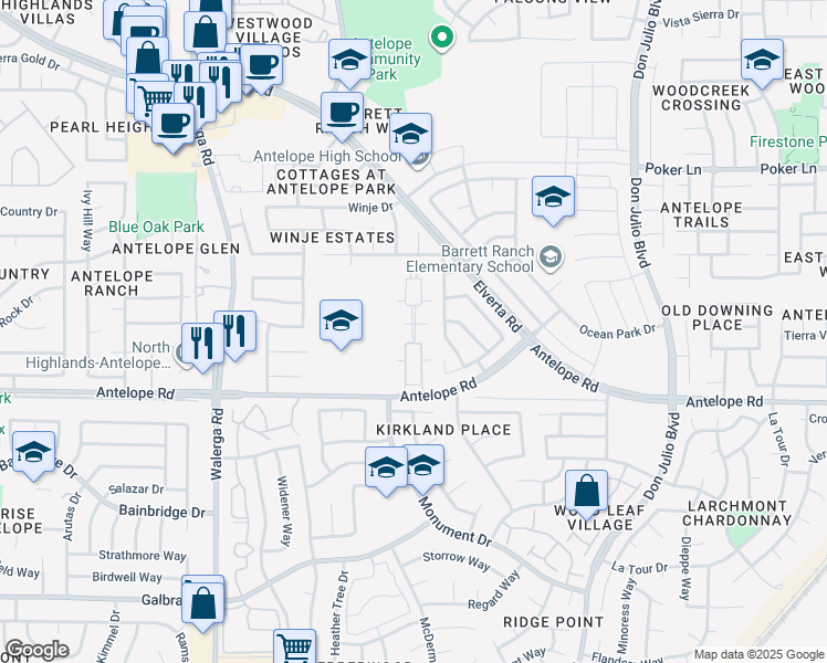 map of restaurants, bars, coffee shops, grocery stores, and more near 4635 Antelope Road in Antelope