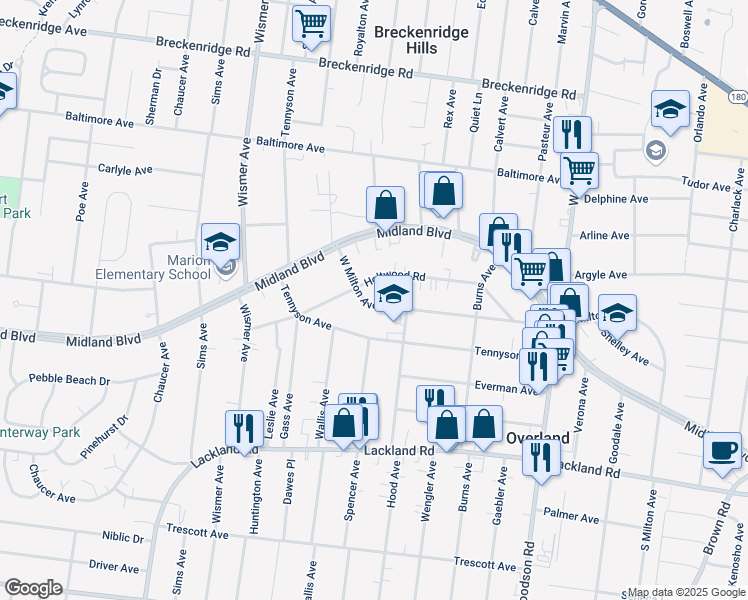 map of restaurants, bars, coffee shops, grocery stores, and more near 9611 West Milton Avenue in Overland