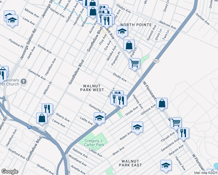 map of restaurants, bars, coffee shops, grocery stores, and more near 6037 Emma Avenue in St. Louis