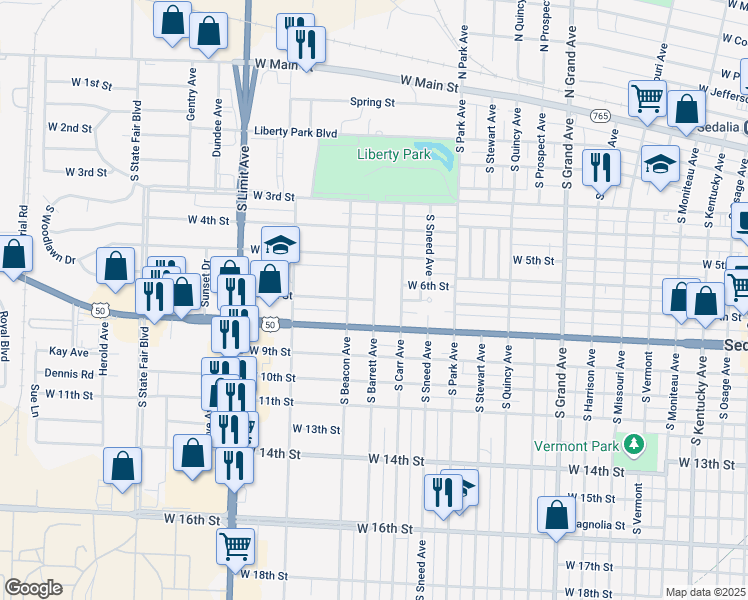 map of restaurants, bars, coffee shops, grocery stores, and more near 699 S Barrett Ave in Sedalia