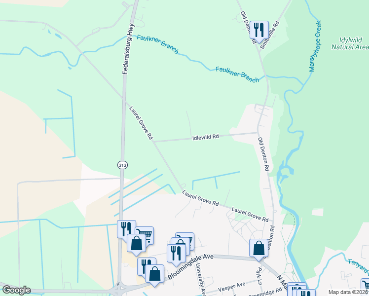 map of restaurants, bars, coffee shops, grocery stores, and more near 26591 Idlewild Road in Federalsburg