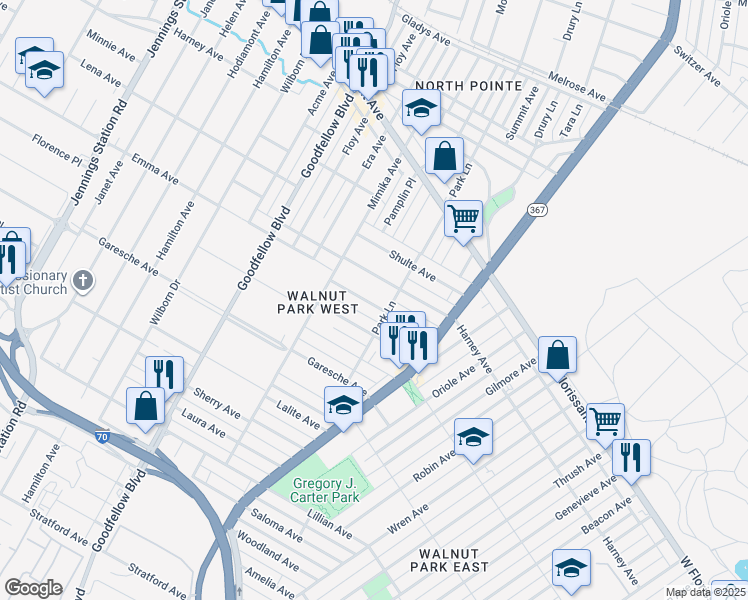 map of restaurants, bars, coffee shops, grocery stores, and more near 6037 Emma Avenue in St. Louis