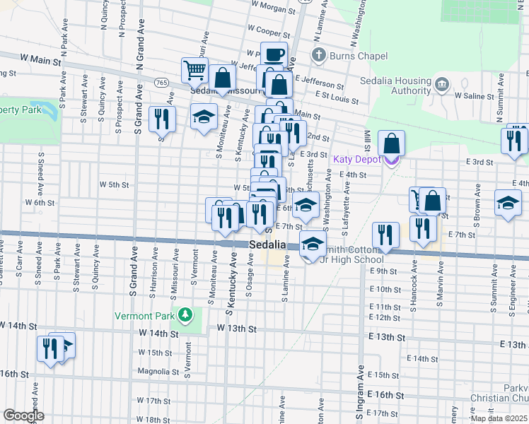 map of restaurants, bars, coffee shops, grocery stores, and more near 100-198 East 6th Street in Sedalia