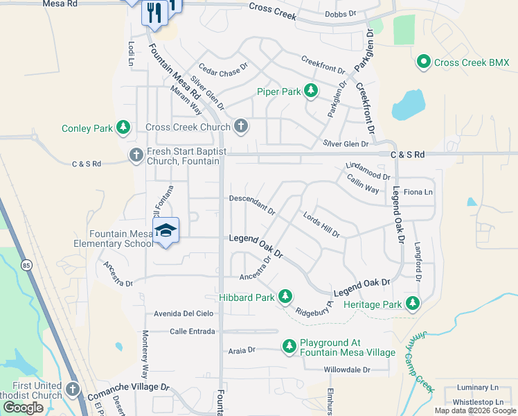 map of restaurants, bars, coffee shops, grocery stores, and more near 2106 Bent Tree Lane in Fountain