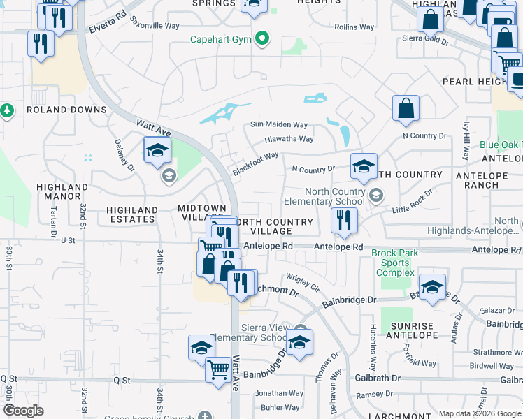 map of restaurants, bars, coffee shops, grocery stores, and more near 7648 Lily Mar Lane in Antelope