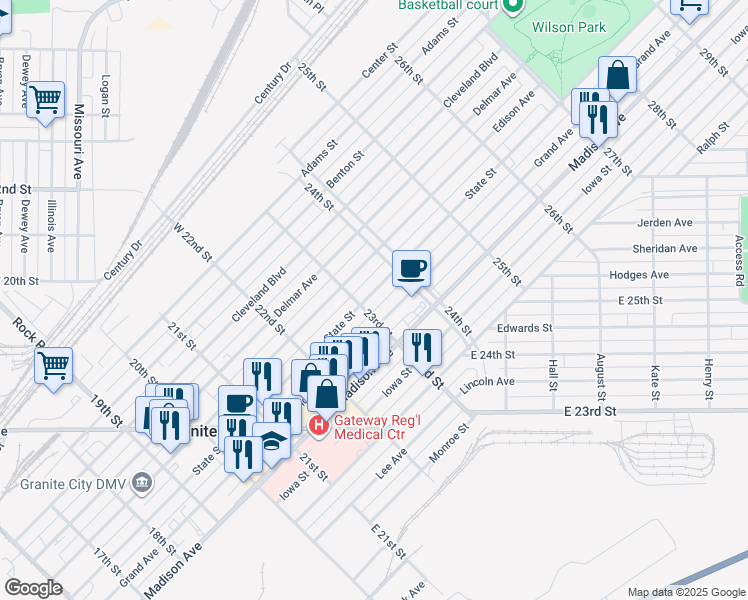 map of restaurants, bars, coffee shops, grocery stores, and more near 2308 State Street in Granite City