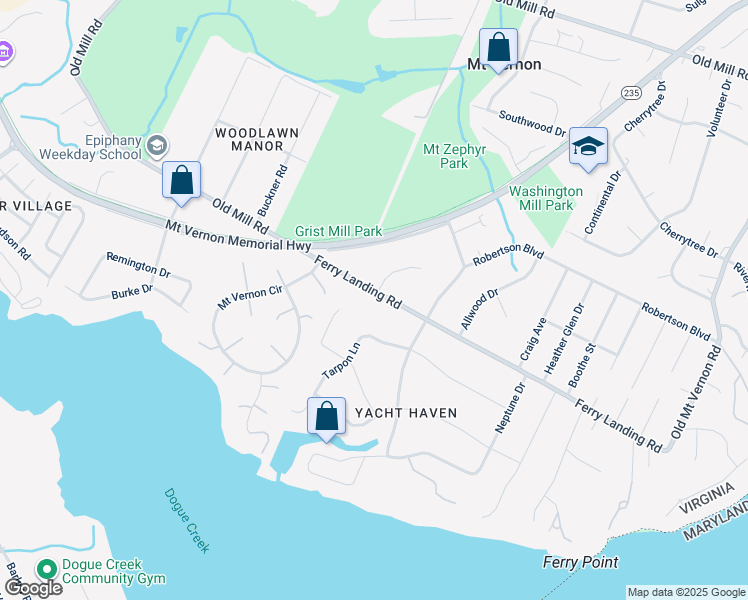 map of restaurants, bars, coffee shops, grocery stores, and more near 4605 Ferry Landing Road in Alexandria
