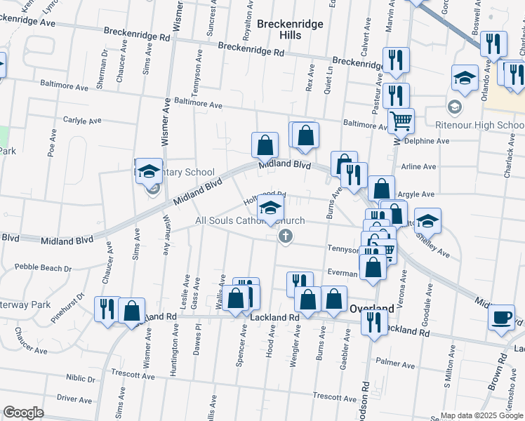 map of restaurants, bars, coffee shops, grocery stores, and more near 9611 West Milton Avenue in St. Louis