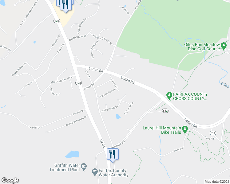 map of restaurants, bars, coffee shops, grocery stores, and more near 9005 Virginia Terrace in Lorton