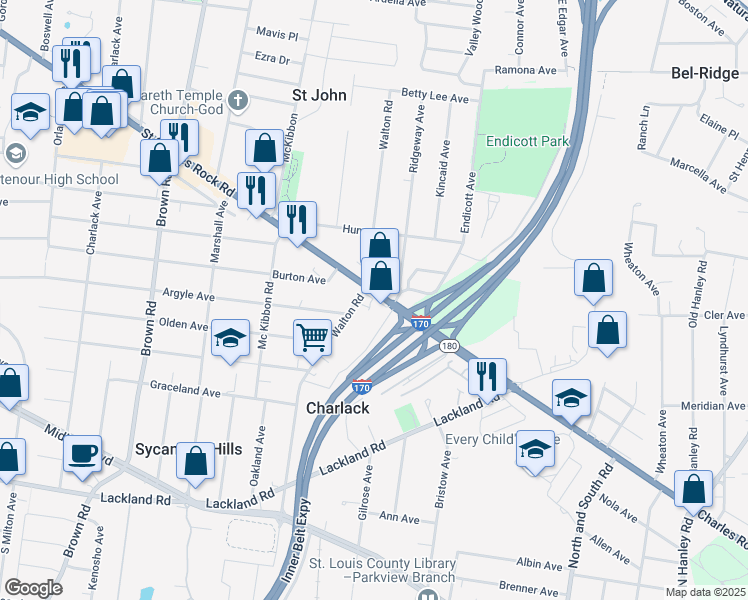 map of restaurants, bars, coffee shops, grocery stores, and more near 8582 Saint Charles Rock Road in Overland