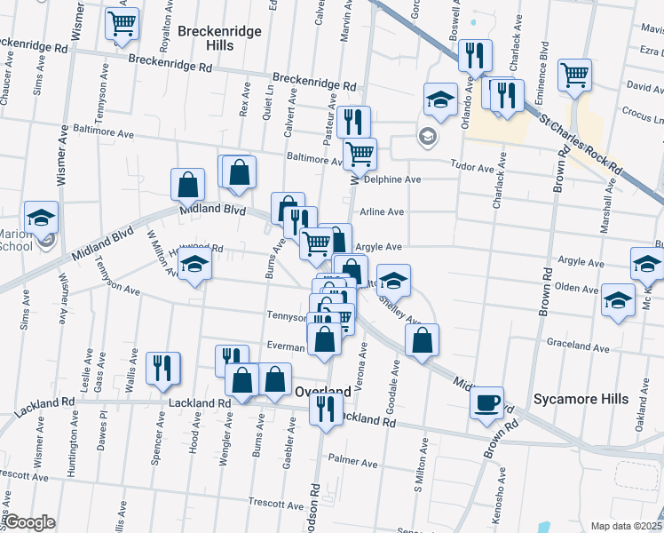 map of restaurants, bars, coffee shops, grocery stores, and more near 2621 Woodson Road in Overland