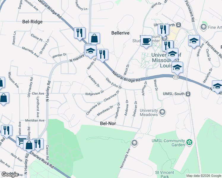 map of restaurants, bars, coffee shops, grocery stores, and more near 3036 Ridgeview Drive in St. Louis
