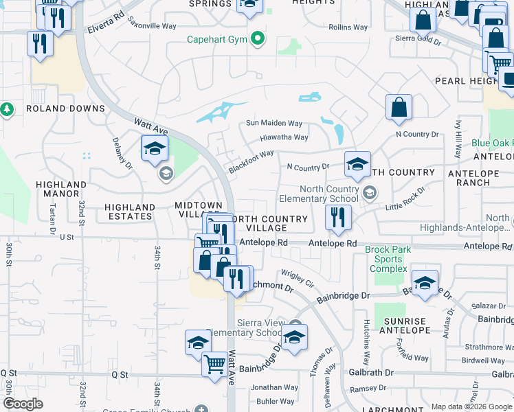 map of restaurants, bars, coffee shops, grocery stores, and more near 7648 Lily Mar Lane in Antelope