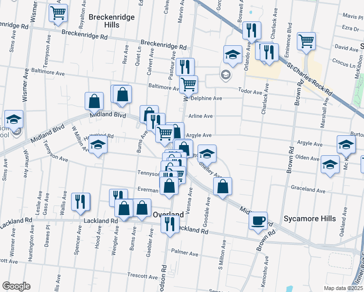 map of restaurants, bars, coffee shops, grocery stores, and more near 2621 Woodson Road in Overland