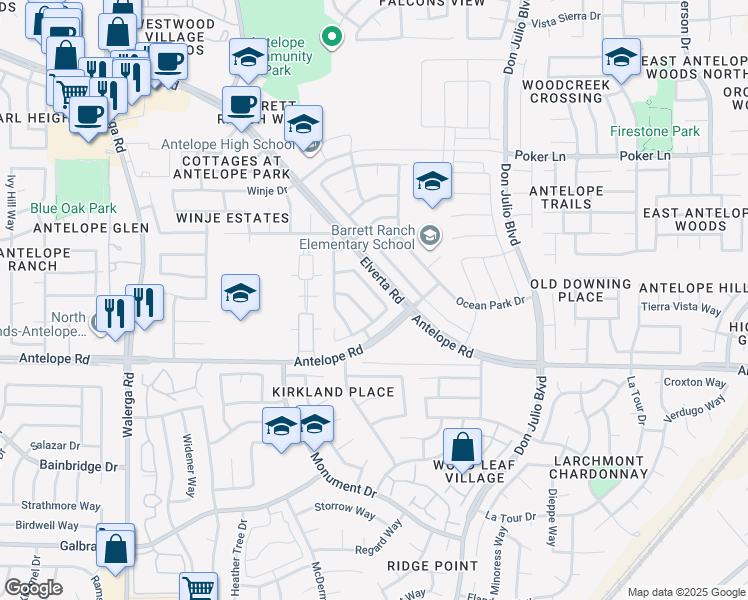 map of restaurants, bars, coffee shops, grocery stores, and more near 7657 Laguna Beach Way in Antelope