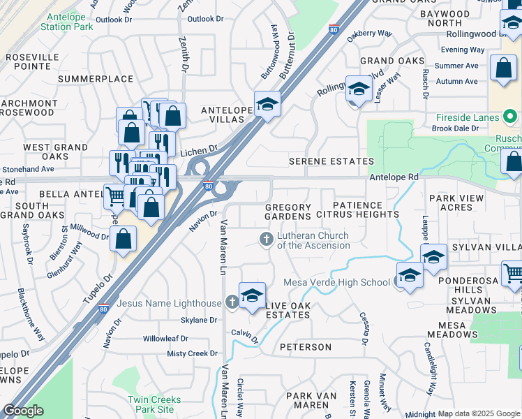 map of restaurants, bars, coffee shops, grocery stores, and more near 6850 Purslane Way in Citrus Heights