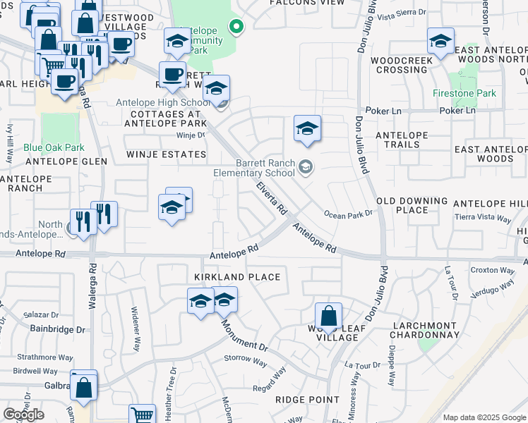 map of restaurants, bars, coffee shops, grocery stores, and more near 7657 Laguna Beach Way in Antelope