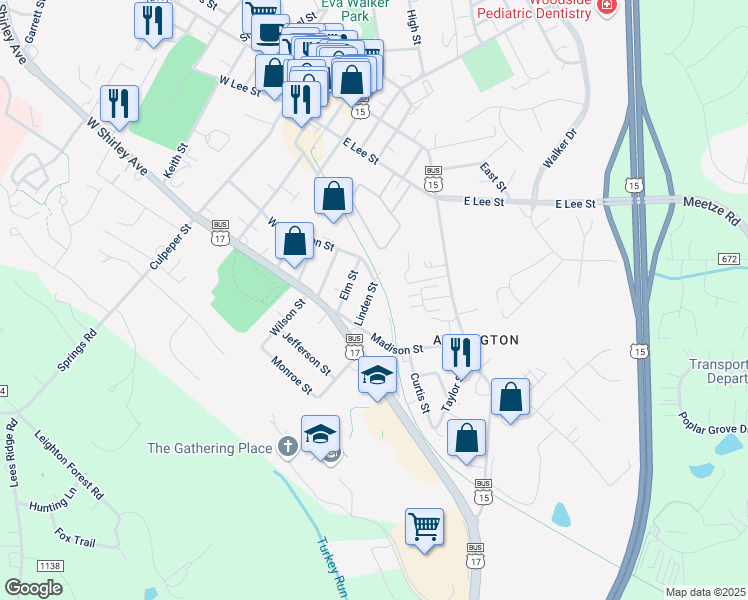 map of restaurants, bars, coffee shops, grocery stores, and more near 195 Linden Street in Warrenton