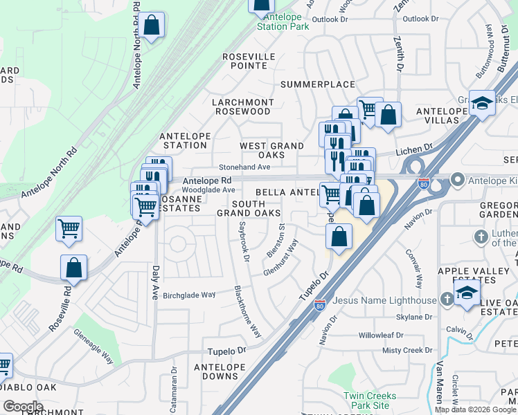 map of restaurants, bars, coffee shops, grocery stores, and more near 6130 Rumford Avenue in Citrus Heights