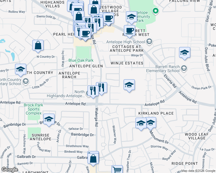 map of restaurants, bars, coffee shops, grocery stores, and more near 7649 Hepburn Way in Sacramento