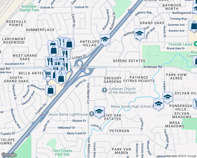 map of restaurants, bars, coffee shops, grocery stores, and more near 6850 Purslane Way in Citrus Heights