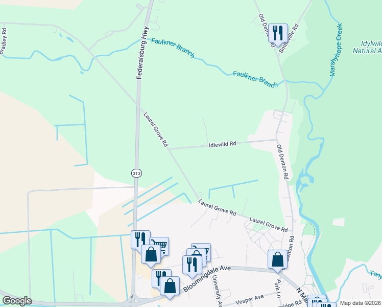 map of restaurants, bars, coffee shops, grocery stores, and more near 26581 Idlewild Road in Federalsburg