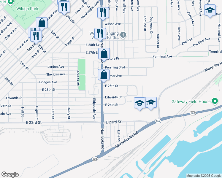 map of restaurants, bars, coffee shops, grocery stores, and more near 2808 East 25th Street in Granite City