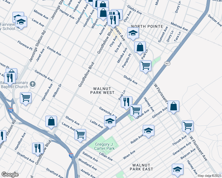 map of restaurants, bars, coffee shops, grocery stores, and more near 6046 Emma Avenue in St. Louis