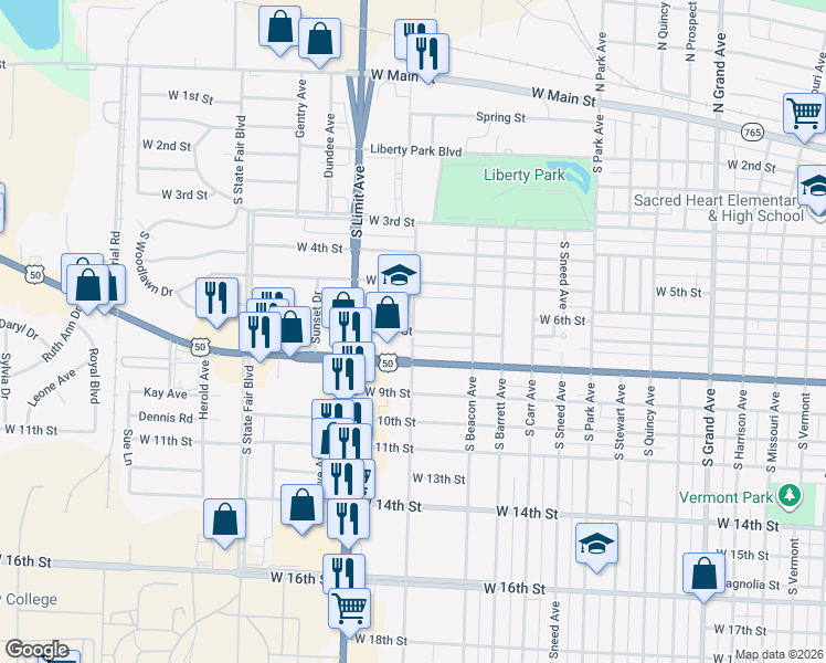 map of restaurants, bars, coffee shops, grocery stores, and more near 1700 West 7th Street in Sedalia