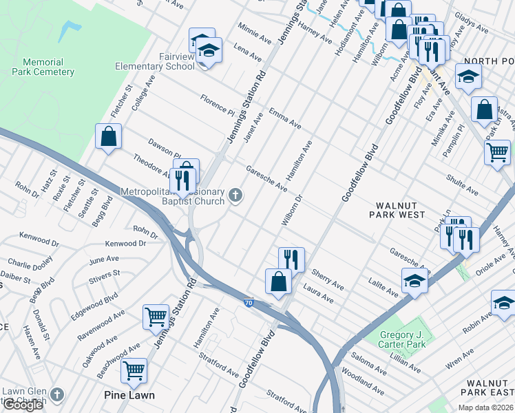 map of restaurants, bars, coffee shops, grocery stores, and more near 5320 Hodiamont Avenue in Jennings