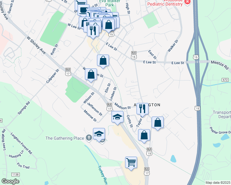 map of restaurants, bars, coffee shops, grocery stores, and more near 195 Linden Street in Warrenton