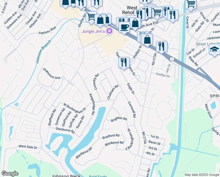 map of restaurants, bars, coffee shops, grocery stores, and more near 1 Croydon Road in Rehoboth Beach