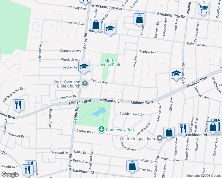 map of restaurants, bars, coffee shops, grocery stores, and more near 10301 Pineview Court in Overland