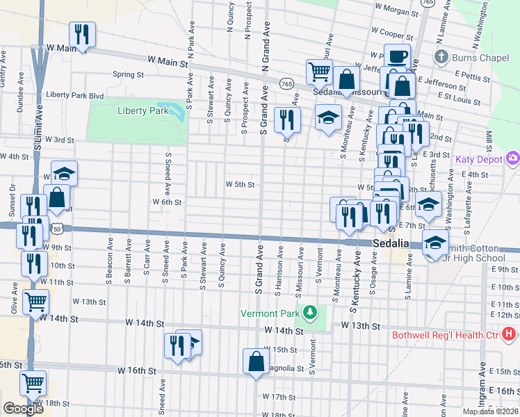 map of restaurants, bars, coffee shops, grocery stores, and more near 807 West 6th Street in Sedalia
