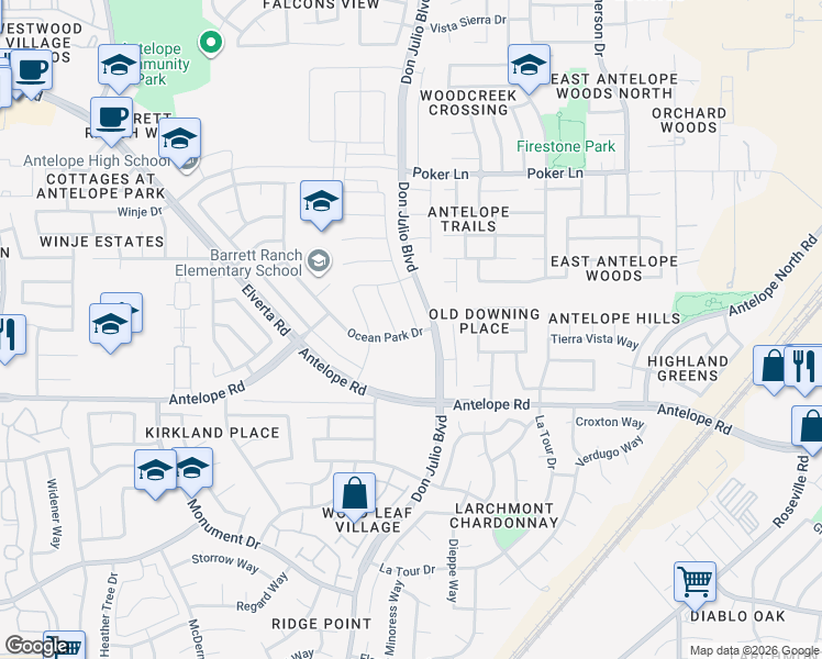 map of restaurants, bars, coffee shops, grocery stores, and more near 7806 Carraway Drive in Antelope