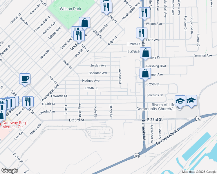 map of restaurants, bars, coffee shops, grocery stores, and more near 2541 East 25th Street in Granite City