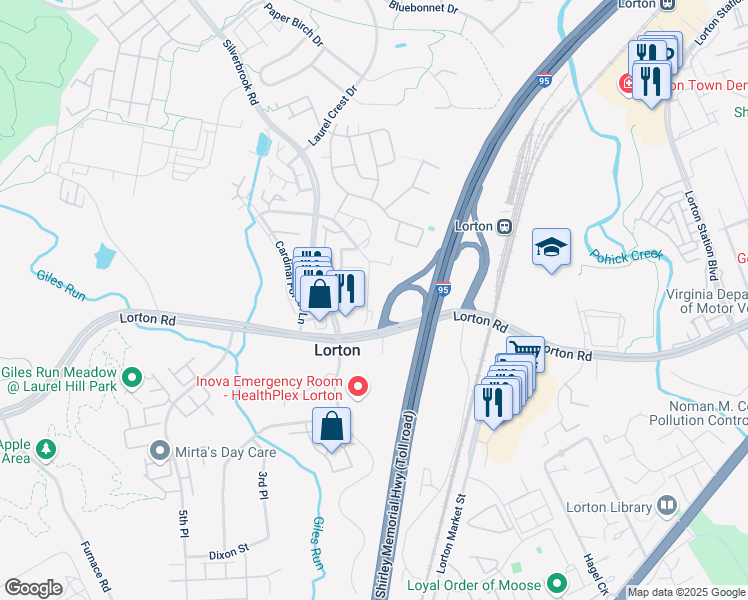 map of restaurants, bars, coffee shops, grocery stores, and more near 9259 Plaskett Lane in Lorton