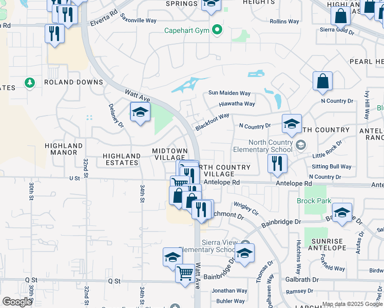 map of restaurants, bars, coffee shops, grocery stores, and more near 3535 Scotland Drive in Antelope
