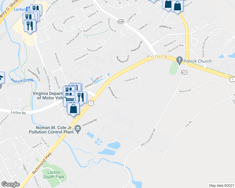 map of restaurants, bars, coffee shops, grocery stores, and more near 7525 Woodside Lane in Lorton
