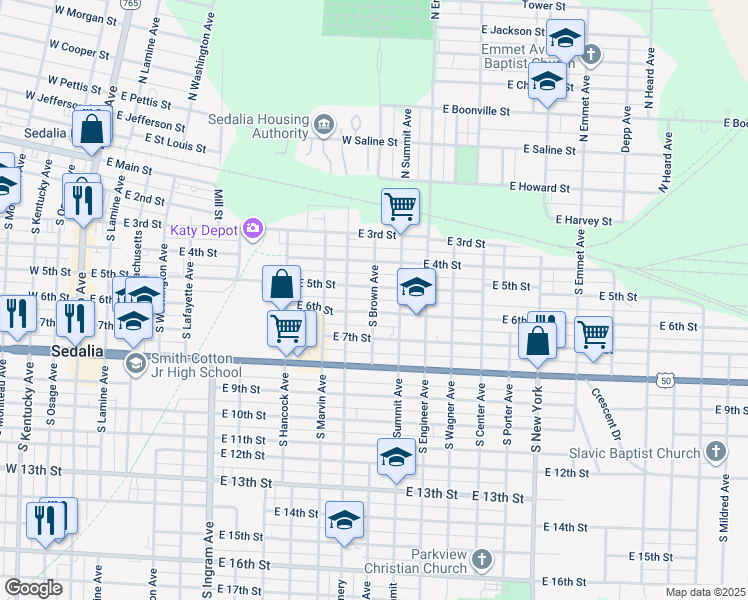 map of restaurants, bars, coffee shops, grocery stores, and more near South Brown Avenue in Sedalia