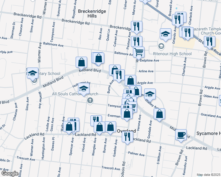 map of restaurants, bars, coffee shops, grocery stores, and more near 9436 Holtwood Road in Overland