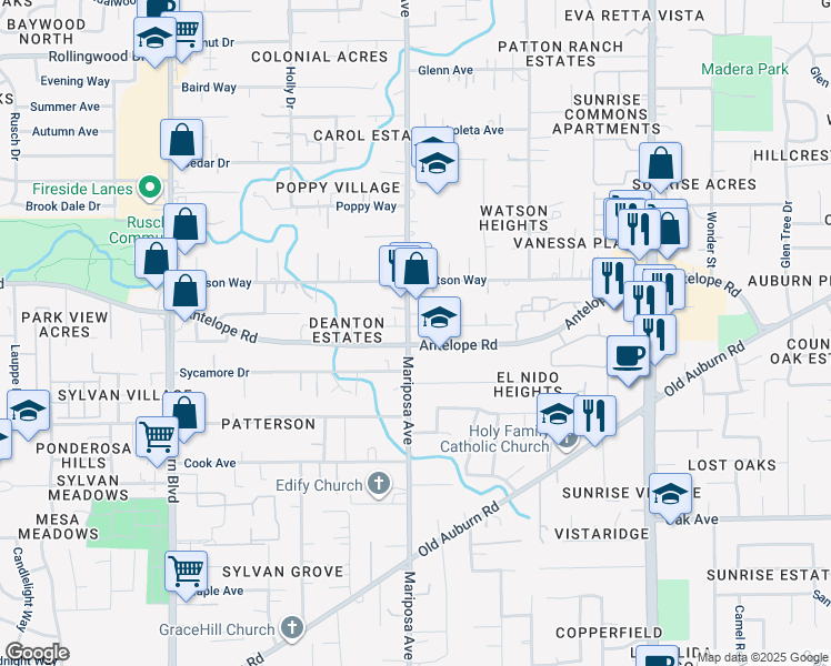 map of restaurants, bars, coffee shops, grocery stores, and more near 7700 Mariposa Avenue in Citrus Heights