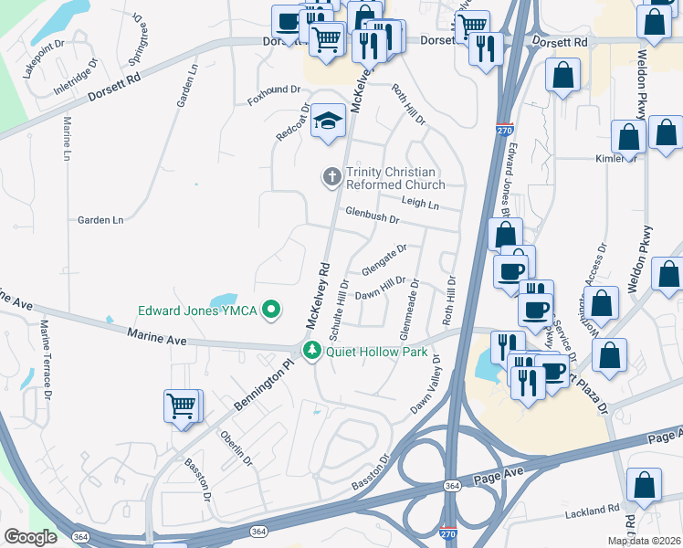 map of restaurants, bars, coffee shops, grocery stores, and more near 1387 Schulte Hill Drive in Maryland Heights