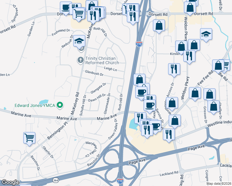 map of restaurants, bars, coffee shops, grocery stores, and more near 12426 Glennoble Drive in Maryland Heights