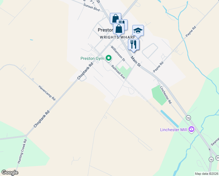 map of restaurants, bars, coffee shops, grocery stores, and more near 225 Apple Lane in Preston