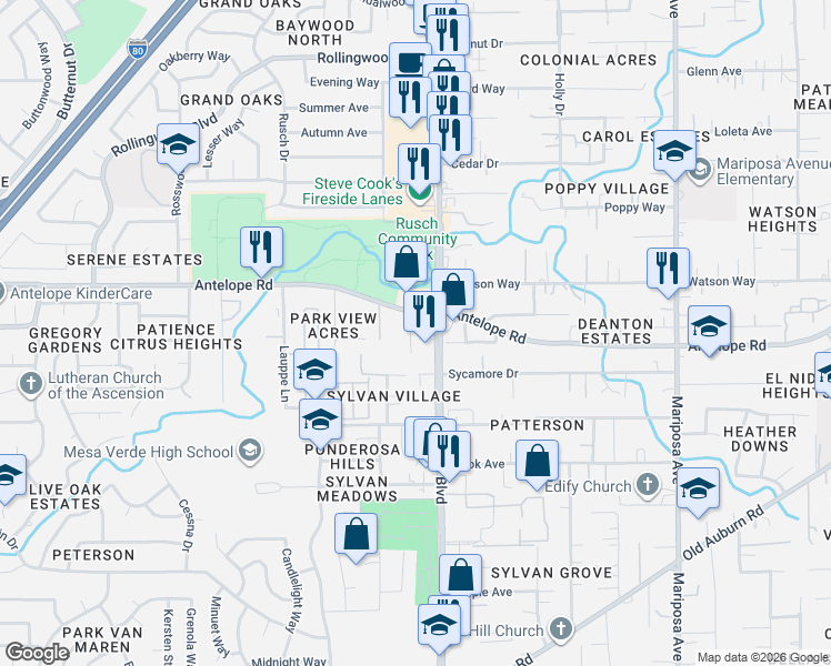 map of restaurants, bars, coffee shops, grocery stores, and more near 7721 Auburn Boulevard in Citrus Heights