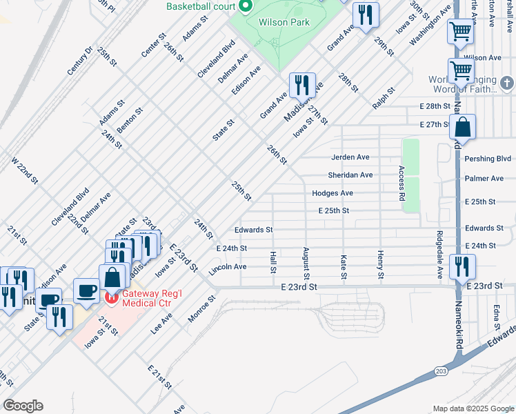 map of restaurants, bars, coffee shops, grocery stores, and more near 2500 Washington Avenue in Granite City