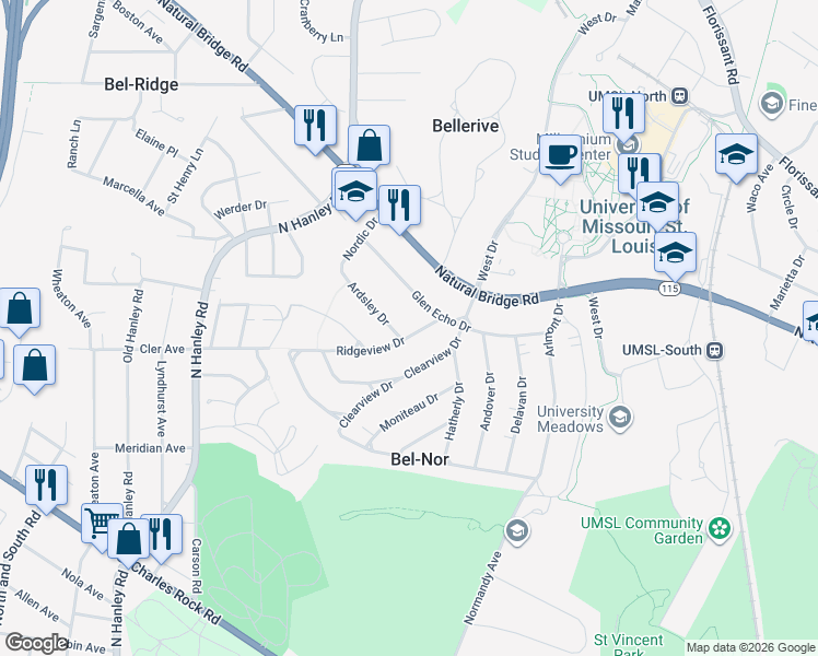 map of restaurants, bars, coffee shops, grocery stores, and more near 3036 Ridgeview Drive in St. Louis